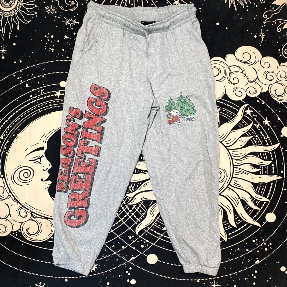 Peanuts Sweatpant Men's XL Gray Season's Greetings Holiday Tapered Fleece-Lined